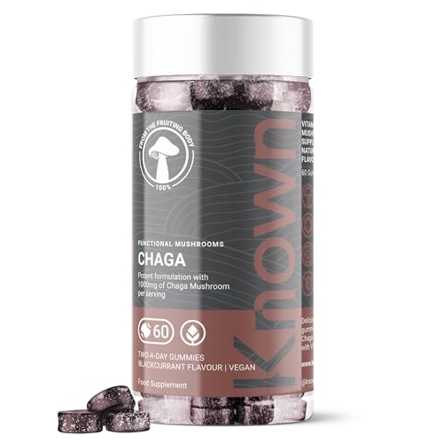 Chaga 1000mg Mushroom Gummies by Known Nutrition | Natural Antioxidant Support for Immune System | Delicious Natural Blackcurrant Flavour | 60 Two-a-Day Vegan Gummies (One Month’s Supply)