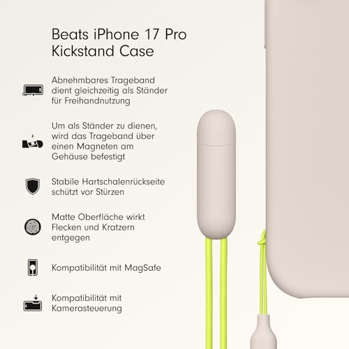 Beats iPhone 17 Pro Kickstand Case mit MagSafe und Kamerasteuerung, integrierter Ständer und Trageschlaufe, Matte Außenseite mit Innenfutter aus Mikrofaser – Kalkstein