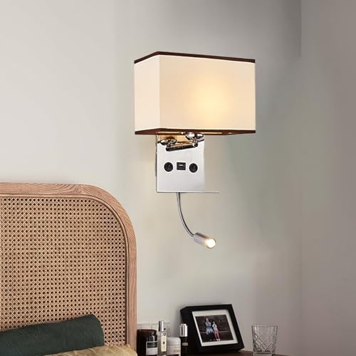 Aplique de pared E27 con foco de lectura y puerto USB color plata