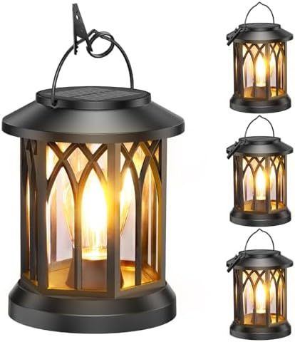 WdtPro Solar Lanterns Outdoor Hanging 4 Pack, Upgraded Bright Waterproof Lantern for Outside, Over 12Hrs Powered Lights for Garden, Yard, Patio Decor (Warm Light)
