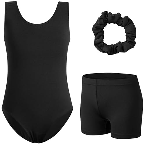XiaoMoSha Girls Three-Piece Gymnastics Set Sleeveless Girls Leotards with Shorts and Hairband Sparkly Glitter Gradient Color Dance Ballet Unitards Gymnastics Outfits, Black, 9-10 Years