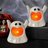 YBB 3 Pack Halloween Ghost Candle Tea Lights, LED Flameless White Ghost Figurine Light Up Decor for Halloween Party Desk Tabletop Centerpieces (3.15 x 3.15 Inches)