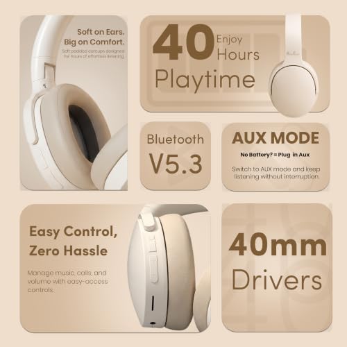 Image of PunnkFunnk BeatXtra Wireless Stereo Bluetooth Headphones V5.3, Over Ear Foldable Headset with 40mm Drivers, Soft Cushioned Ear Pads, Built-in Mic, AUX Input, 10M Wireless Range, Teen & Adults (Beige)