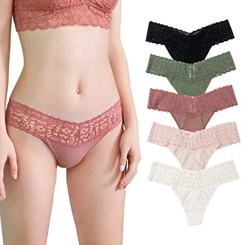 Luna & Sun Woman Underwear Low Waist Soft Sexy Thongs with Lace 5pcs/1pc Pack (Black, Light Pink, Dark Orange, Camo Green, Ivory (5pcs), M)
