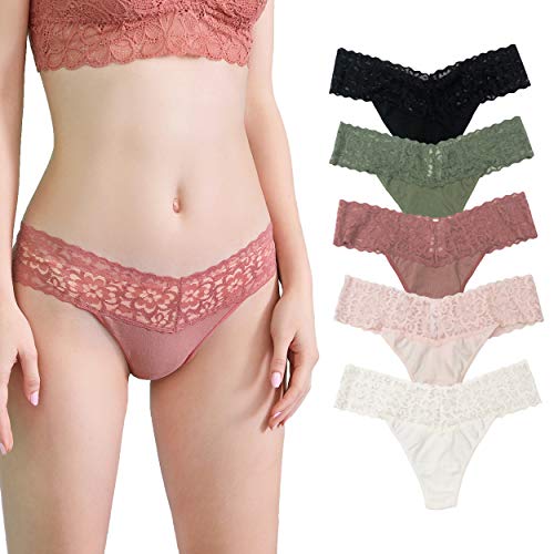 Luna & Sun Woman Underwear Low Waist Soft Sexy Thongs With Lace 5Pcs/1Pc Pack (Black, Light Pink, Dark Orange, Camo Green, Ivory (5Pcs), M) #TOP8