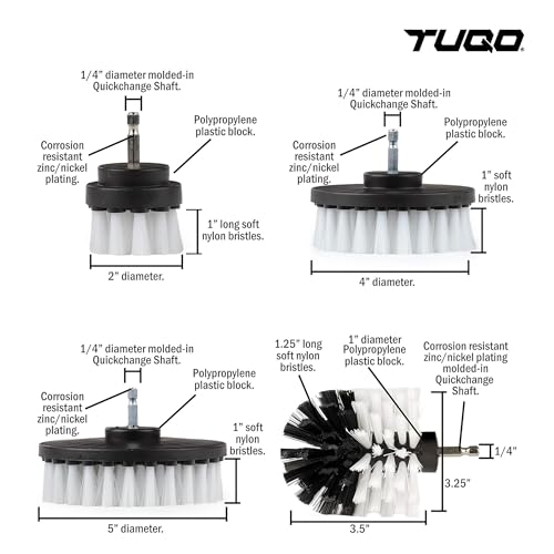 Image of TUQO SB20W, Drill Brush Attachment Set - Power Scrubber Brush Cleaning Kit - Upholstery,Wheels,Carpet, Glass & Leather | Soft Bristles | Hex Shank Fits Most Drills | White