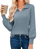 JUSTFASHIONNOW Pull polo à col en V en tricot torsadé pour femme, pull habillé décontracté pour l'automne et l'hiver, bleu ciel, Taille M