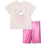 Harry Potter Hedwig Little Girls T-Shirt and Metallic Bike Shorts Outfit Set Off White/Pink 7-8