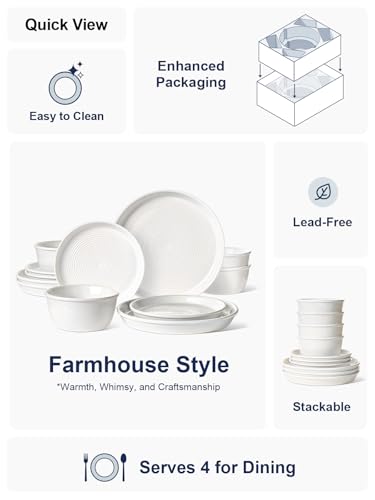 LE TAUCI 12‑Piece Ceramic Plates and Bowls Set, Service for 4 – White Farmhouse Dinnerware Sets with Deeper Plates (10" Dinner, 8" Salad, 6" Bowls), Dishwasher & Microwave Safe Stoneware Dishes - Image 3