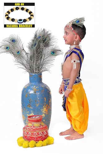 Image of Krishna Dress for Kids, Baby Krishna Dress for Janmashtami with Krishna Mukut, Peacock Feather & Flute Embroidered Krishna Costume for Girl & Boy, 3 Months-8 Years