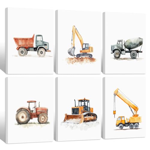 Nursery Construction Truck Wall Art Decor Toddler Boys Room Poster Kids Nursery Tractor Canvas Wall Art Construction Vehicle Pictures Boy Truck Artwork for Bedroom Playroom 8x10x6 Inch Unframed