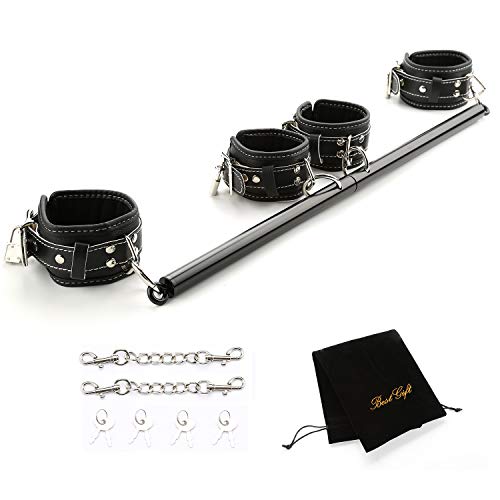 Spreader Bar Expandable Exercise Black Spreader Bar with 4 pcs Black Leather Adjustable Straps, Yoga Training Fitness Gear, Workout Bar,Gym Kit