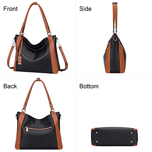 Over Earth Soft Leather Handbags For Women Shoulder Hobo Bag Large Tote Crossbody Bag (O103E Black/Brown) #TOP4