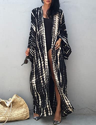 Image of Bsubseach Stylish Tie Dye Open Front Long Kimono Swimsuit Coverup for Women