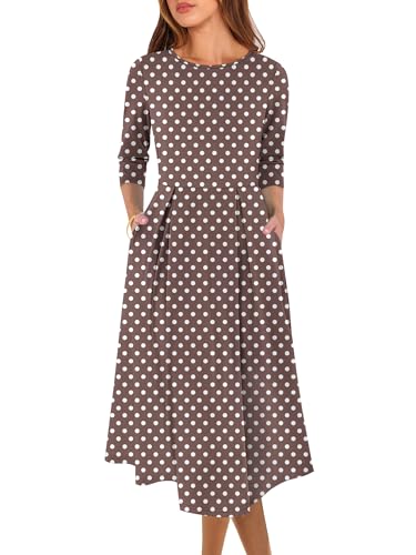 Prinbara Women's 3/4 Sleeve Midi Dresses 2025 Fall Casual Boho A-Line Flowy Swing Summer Floral T Shirt Dress with Pockets Brown Polka Dot Large