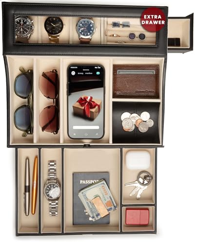 Mens Valet Box Organizer, Large Leather Valet Tray for Men, Mens Valet Tray Organizer with Charging Station, Mens Jewelry Box Organizer for EDC Valet Mens Accessories, Nightstand Bedside Dresser Top