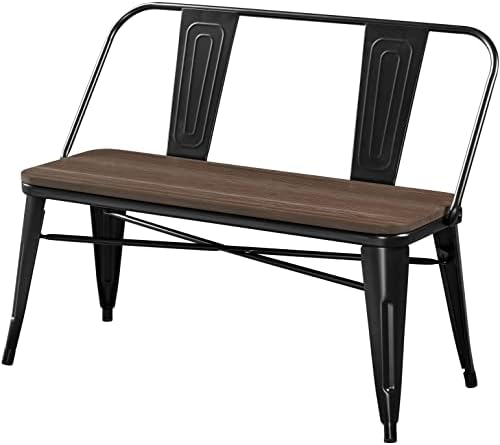 Topeakmart Metal Dining Bench with Wooden Top Industrial Metal Dining Bench for Patio, Kitchen, Garden Black