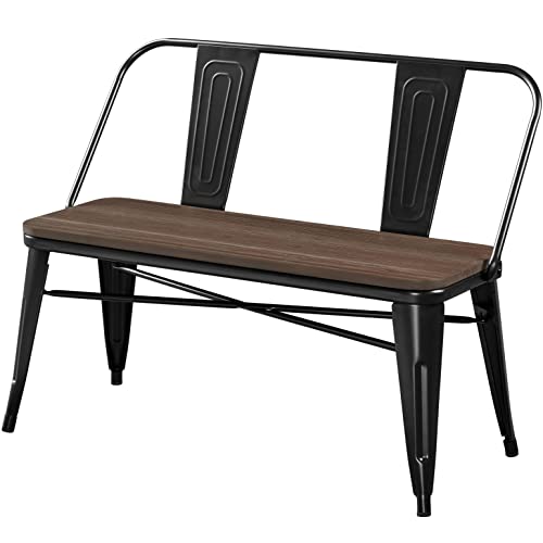 Topeakmart Metal Dining Bench With Wooden Top Industrial Metal Dining Bench For Patio, Kitchen, Garden Black #TOP30