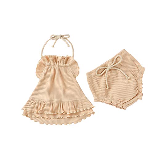 2PCS Newborn Baby Girls Summer Clothes Ruffle Dress Top Backless Strap Sleeveless Shirt + Mini Cotton Shorts Pants Ribbed Outfits (Beige, 18-24 Months)