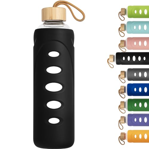 Ferexer 1 litre / 1l / 1000 ml Sport Borosilicate Glass Water Bottle with Protective Silicone Sleeve and Bamboo Lid (black)