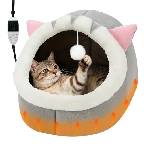 BWOGUE Cat Bed for Indoor Cats, 2 in 1 Heated Cat Cave Bed with Removable Washable Cushioned Pillow, Warming Thermo-Pet Nest for Kitten Small Dog 16.9'×16.9'×16.1'