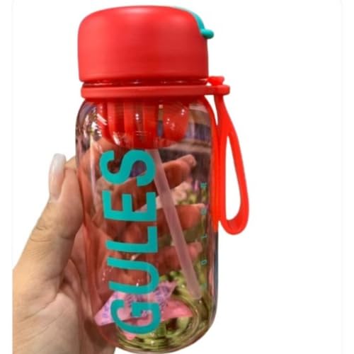 Garrafa de Água Infantil com Canudo, Plástico Transparente, Design Jules, 500ml, Vermelho e Turquesa