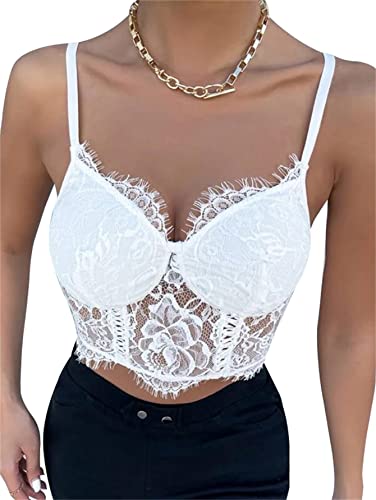 Lilosy Sexy Wirefree Lingerie Floral Lace Crop Cami Tank Top Women Sheer Longline Bralette Night Out Party Bra White 3# Medium #TOP4