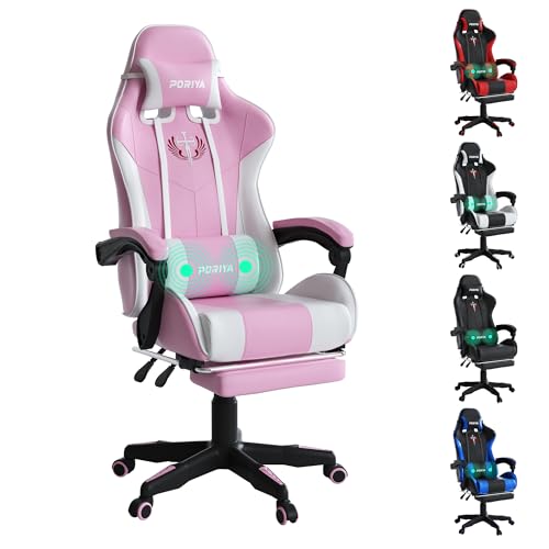 PORIYA Gaming Chair with Adjustable Backrest, Ergonomic Executive Office Chair, Height Adjustable Racing Chair Maximum Gaming Experience (Pink&White)