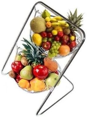 2 Tier Stainless Steel Chromed Double Hammock Hanging Fruit Bowl Vegetable Basket with Stand