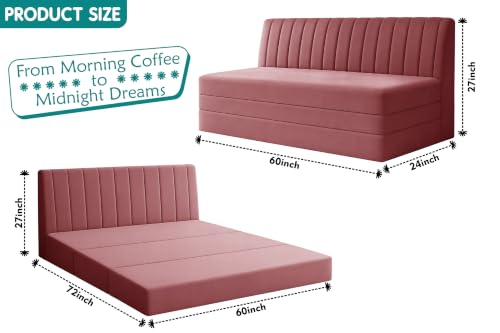 Image of Los Angeles Modern Velvet 3-Seater Sofa Cum Bed, Multipurpose Convertible Sleeper Couch Sofa for Living Room, Bedroom & Office- Rose Pink Color