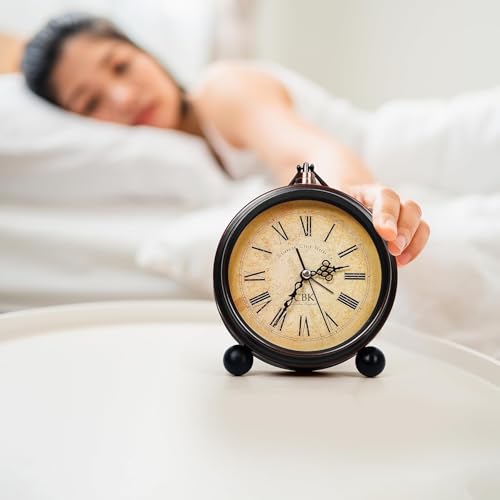 Image of CBK Vintage Style Analog Alarm Clock with Roman Numerals | Classic Table Clock | Antique Look Desk & Bedside Clock for Home, Office, and Bedroom