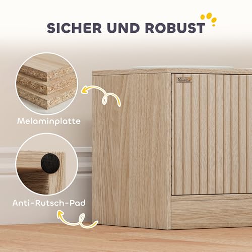 PawHut Hundenapf erhöht Futternapf mit Aufbewahrungsschrank, 2x2L Schüsseln mit Anti-Rutsch-Ringe, rutschfest Futterstation mit Langsamfutternapf für große Hunde Eiche