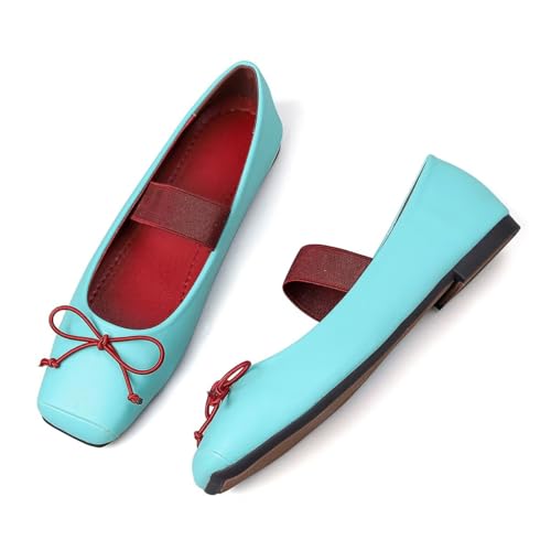 Hee grand Womens Bowknot Mary Jane Flat Shoes Square Toe Elastic Strap Ballet Shoes Soft Sole Walking Shoes
