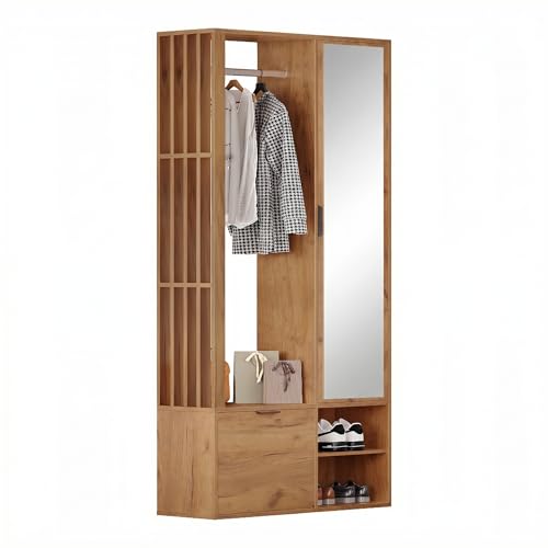 kozamas Armoire vestiaire avec Miroir et séchoir à Linge - 6 en 1 - Couleur Bois - avec 9 espaces de Rangement et Porte Rabattable - Étroite - 100 x 33 x...