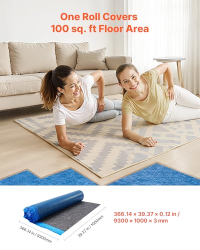 Image of VEVOR Floor Underlayment 100 sq. ft /Roll, 3 mm Thick Laminate Flooring Padding with Attached Vapor Barrier, Heavy Duty Fiber + PE Film, Soundproofing & Noise Reduction, Ideal for Vinyl Wood