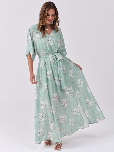 Image of ANRABESS Womens Boho Floral Wedding Guest Maxi Dress | Flowy A-Line Chiffon with Slit, Elegant V Neck Wrap Elastic Waist, Casual 1 /2 Sleeve Spring Summer Outfits, Tea Party