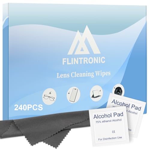 Flintronic Chiffons de Nettoyage, Avec Lot de 240 Lingettes Nettoyantes Portables, Chiffon de Nettoyant pour Lunettes, Appareils photo, Jumelles, Miroirs, Tablettes, Téléphones