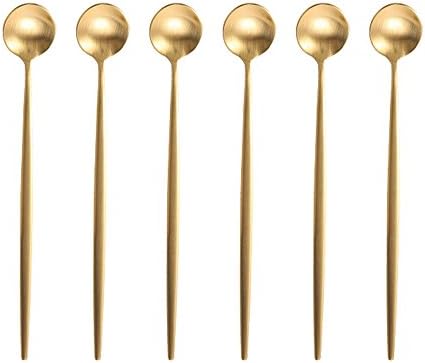 BRIIEC Gold 18/10 Stainles Steel Long Handle Ice Cream Spoon, Latte Spoon, Cocktail Stirring Spoons, Matte Finish, Dishwasher Safe, Pack of 6