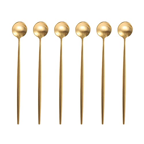 Briiec Gold 18/10 Stainles Steel Long Handle Ice Cream Spoon, Latte Spoon, Cocktail Stirring Spoons, Matte Finish, Dishwasher Safe, Pack Of 6 #TOP23