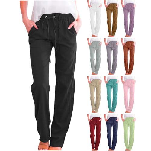 Linen Pants Women Wide Leg Summer Lounge Pants High Waisted Elastic Waist Trousers Fashion Trousers with Pockets 2025
