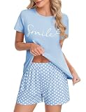 UMIPUBO Pijama Mujer Verano Manga Corta Conjunto Pijamas Dos Piezas Cuello Redondo Estampado Top y Punto de Onda Pantalón Corto Cintura Elástico Suave y Cómodo Ropa de Casa Dormir Casual (Azul, L)