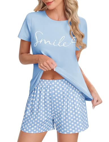 Image of Niwicee Women's Pyjamas Set Summer Pyjamas Short Sleeve Printed Round-Neck Top and Polka Dot Shorts with Pockets Soft Breathable 2 Piece Pjs Loungewear Nightwear Sleepwear (Blue,L)