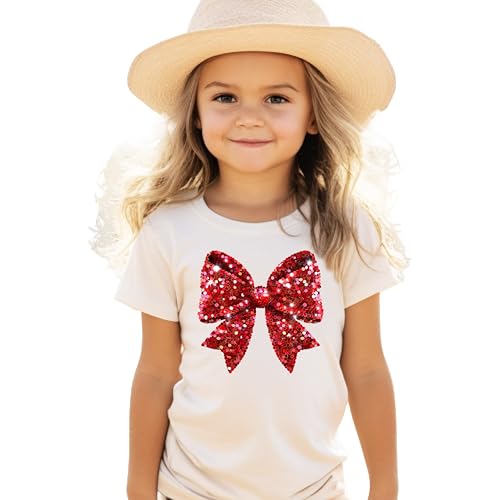 Red Holiday Bow Shirt for Toddlers and Girls Cute Faux Glitter Bow Winter Tee for Kids3
