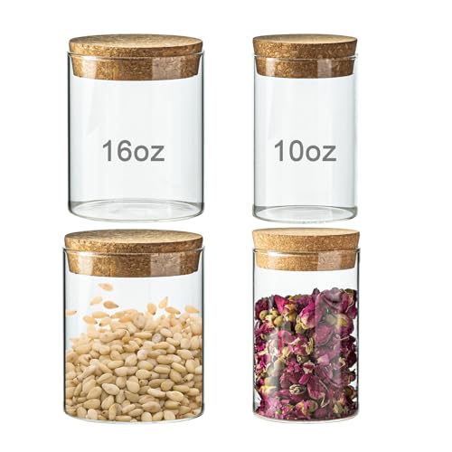 DNIENKGE Airtight Glass Storage Containers with cork Lid, for Kitchen Pantry Organization and Storage jar，Ideal for Coffee Beans Snacks Flour Cereal Sugar Tea (2.55in*2pcs and 3.34in*2pcs)