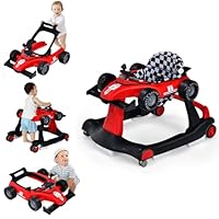 GYMAX Baby Walker, 4 in 1 Foldable Toddler Push Along Walker with Steering Wheel, Music Box, Lights and Comfy Seat, Height & Speed Adjustable Infant Learning to Walk Activity Center (Red)