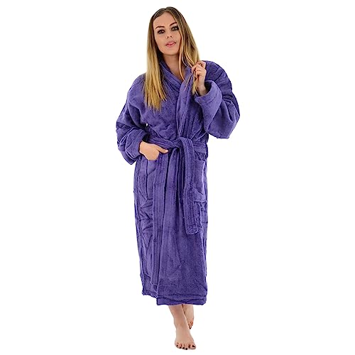 MyShoeStore® Peignoir de bain unisexe 100% coton égyptien en velours éponge super doux Avec poches et ceinture - Violet - Large