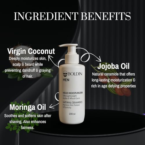 Image of BOLDIN Head Moisturizer: Lightweight Moisturizer for Bald & Shaved Heads | Natural Ceramides & Essential Oils for Scalp, Face & Neck | Restores Skin Barrier | Bold King Jumbo Size - 200ml (pack of 1)