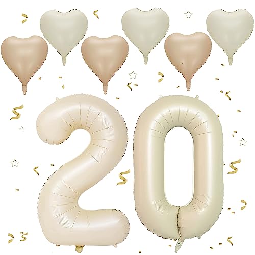 Number 20 balloons Cream，20 Balloons Birthday Boy Girl,40Inch Foil Number 2 & 0 Balloons with 6 Cream Metal and Confetti Helium Balloons for 20th Year Old Birthday Decorations
