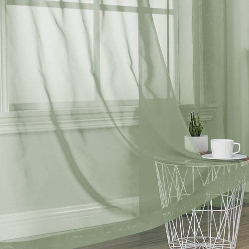 Image of OVZME Light Green Sheer Curtains 63 inch Length 2 Panels Set for Bedroom Living Room, Elegant Light Filtering Sheer Drapes Window Treatments, Each is 42W x 63L Inches, Sage Green