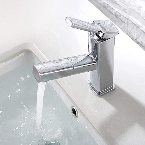 KAIYING Bathroom Sink Faucet with Pull Out Sprayer, Single Handle Basin Mixer Tap for Hot and Cold Water, Lavatory Pull Down Sink Faucet with Rotating Spout (Regular, Chrome)